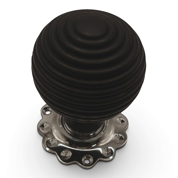 PDF1016F2/CP  Ebonised / Polished Chrome  Period Timber Round Beehive Mortice / Rim Knob Set With Flower Roses